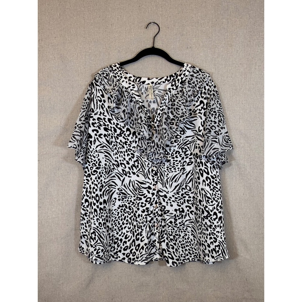 Perception Women 3X Animal Print Ruffle Blouse Black White Leopard Zebra Top